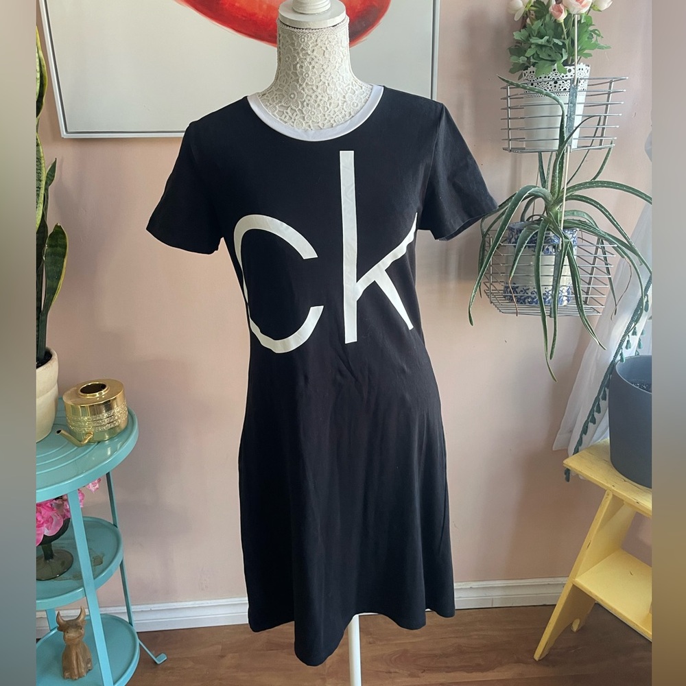 Black & White Calvin Klein cK Logo T-Shirt Dress, Size M